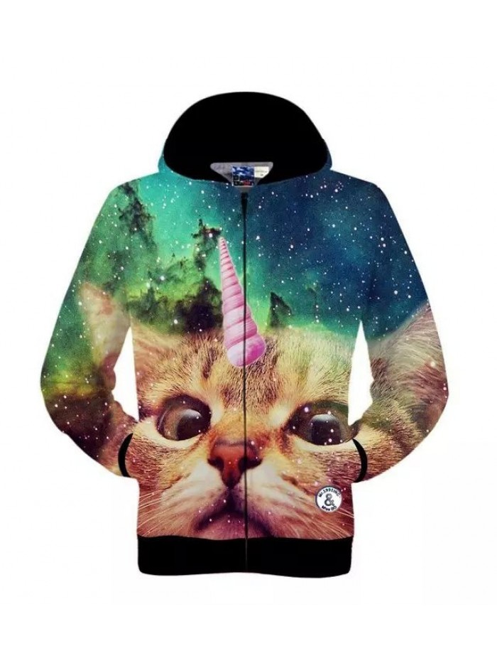 Men Sping Fall Dacron 3D Cartoon Cat Printing Zipper Hoodies Coat Sweatshirt