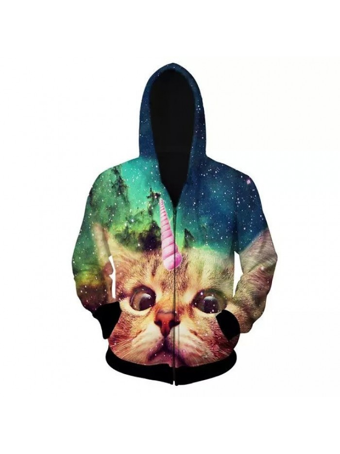 Men Sping Fall Dacron 3D Cartoon Cat Printing Zipper Hoodies Coat Sweatshirt