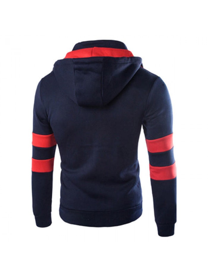 Mens Casual Double Zipper Thick Hoodies Fashion Spell Color Autumn Winter Sweatshirt