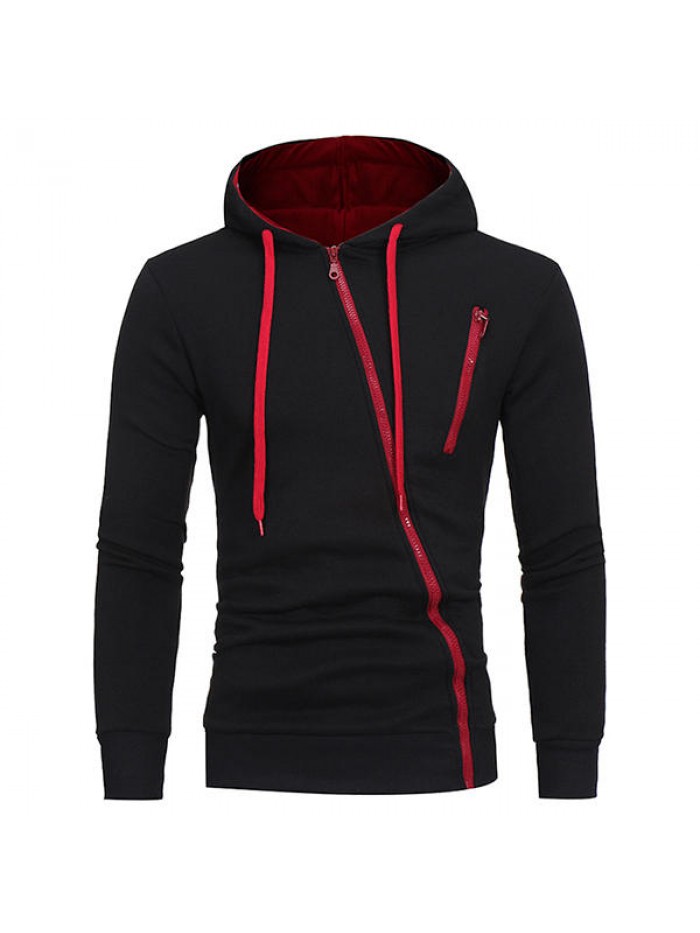 Men's Fashion Diagonal Zipper Hoodies Drawstring Casual Solid Color Slim Fit Sweatshirt Jacket