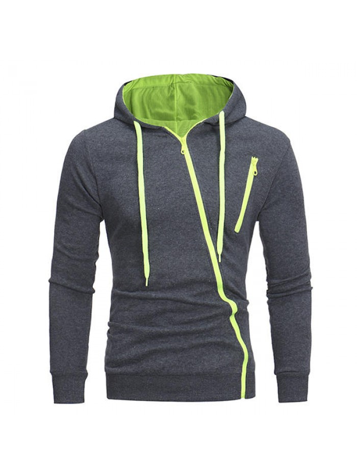 Men's Fashion Diagonal Zipper Hoodies Drawstring Casual Solid Color Slim Fit Sweatshirt Jacket