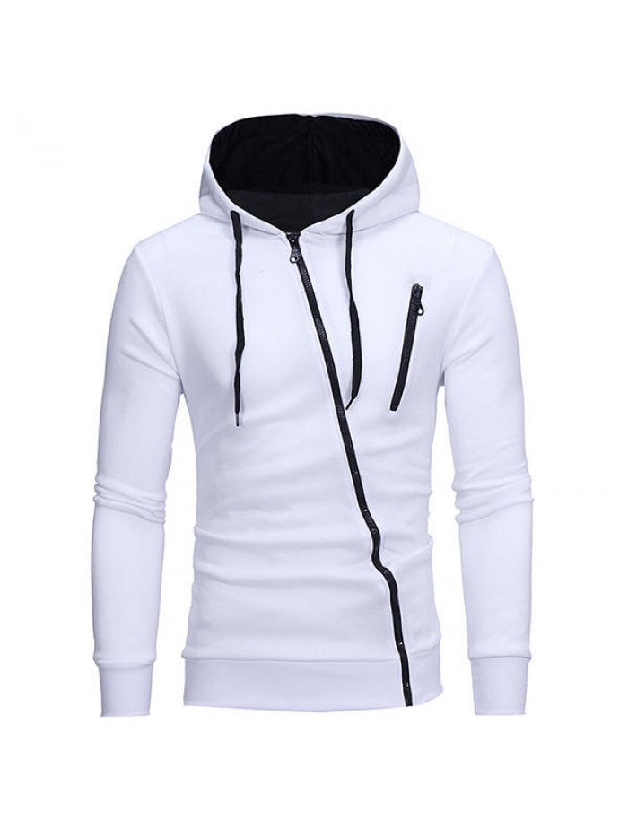 Men's Fashion Diagonal Zipper Hoodies Drawstring Casual Solid Color Slim Fit Sweatshirt Jacket