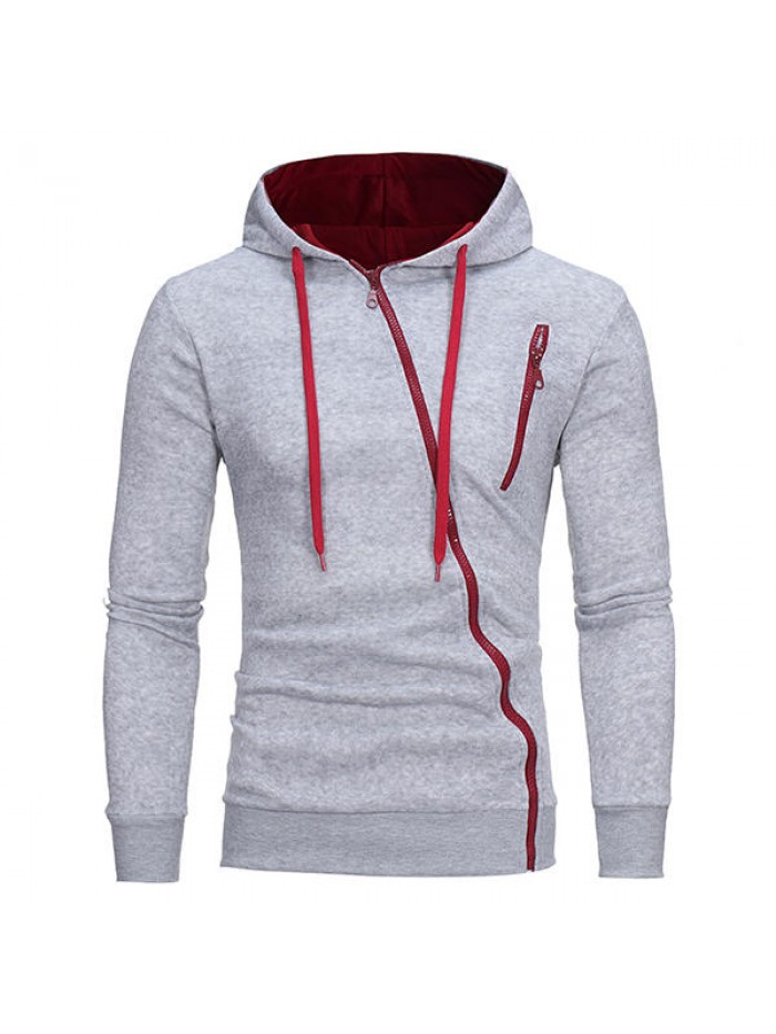 Men's Fashion Diagonal Zipper Hoodies Drawstring Casual Solid Color Slim Fit Sweatshirt Jacket