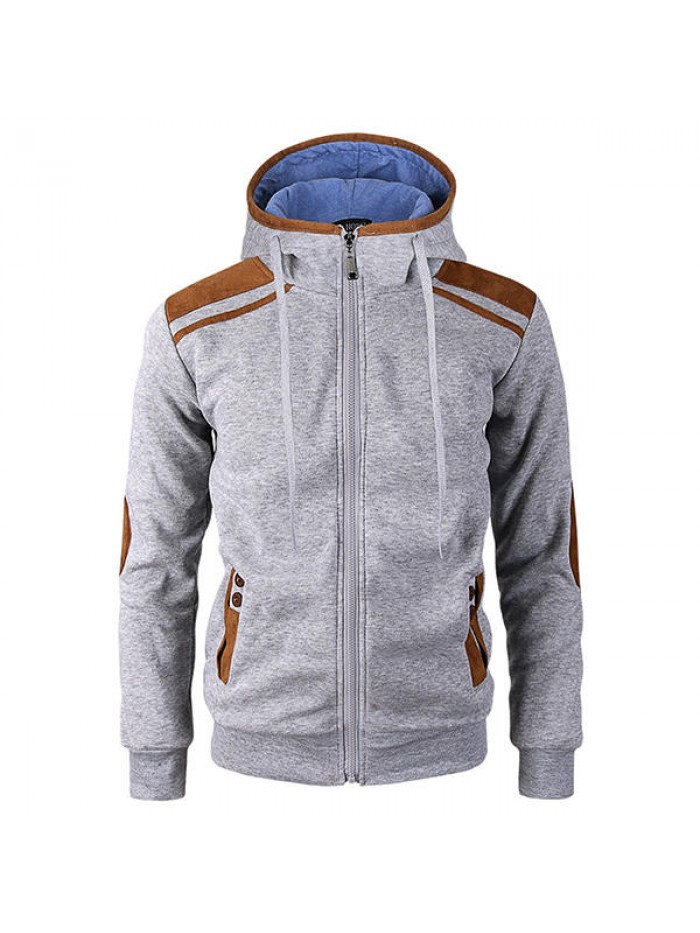 Men's Fashion Solid Color Hooded Sweatshirts Casual Zipper Deerskin Stitching Sport Hoodies