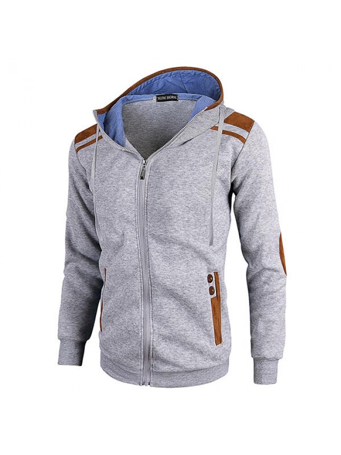 Men's Fashion Solid Color Hooded Sweatshirts Casual Zipper Deerskin Stitching Sport Hoodies