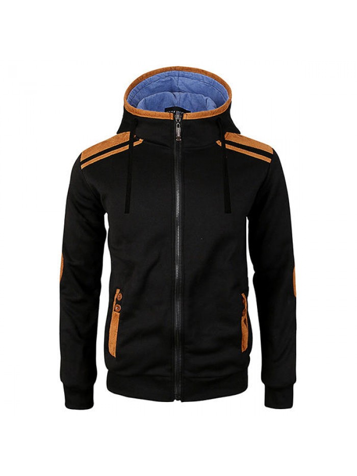 Men's Fashion Solid Color Hooded Sweatshirts Casual Zipper Deerskin Stitching Sport Hoodies