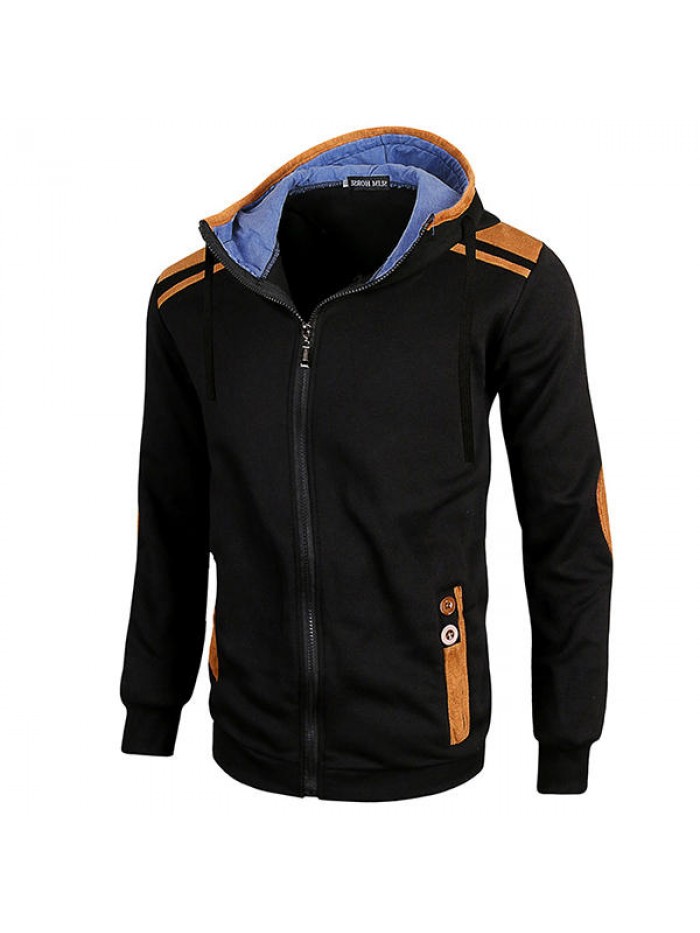 Men's Fashion Solid Color Hooded Sweatshirts Casual Zipper Deerskin Stitching Sport Hoodies