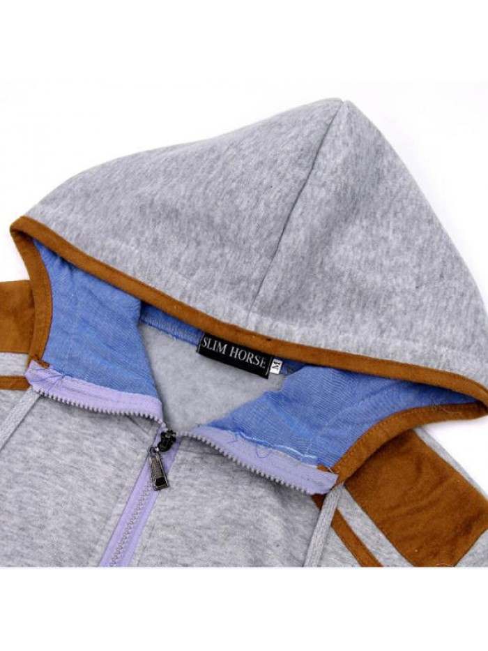 Men's Fashion Solid Color Hooded Sweatshirts Casual Zipper Deerskin Stitching Sport Hoodies