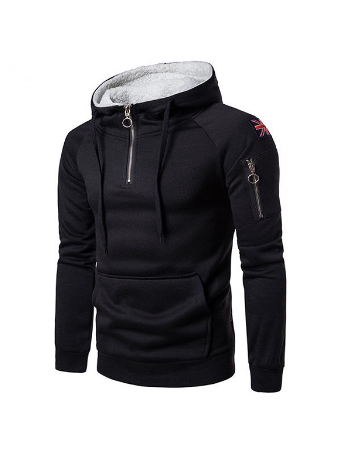 Mens Fashion Zipper Collar Cashmere Hooded Sweater Casual Large Pocket Long Sleeve Hoodies