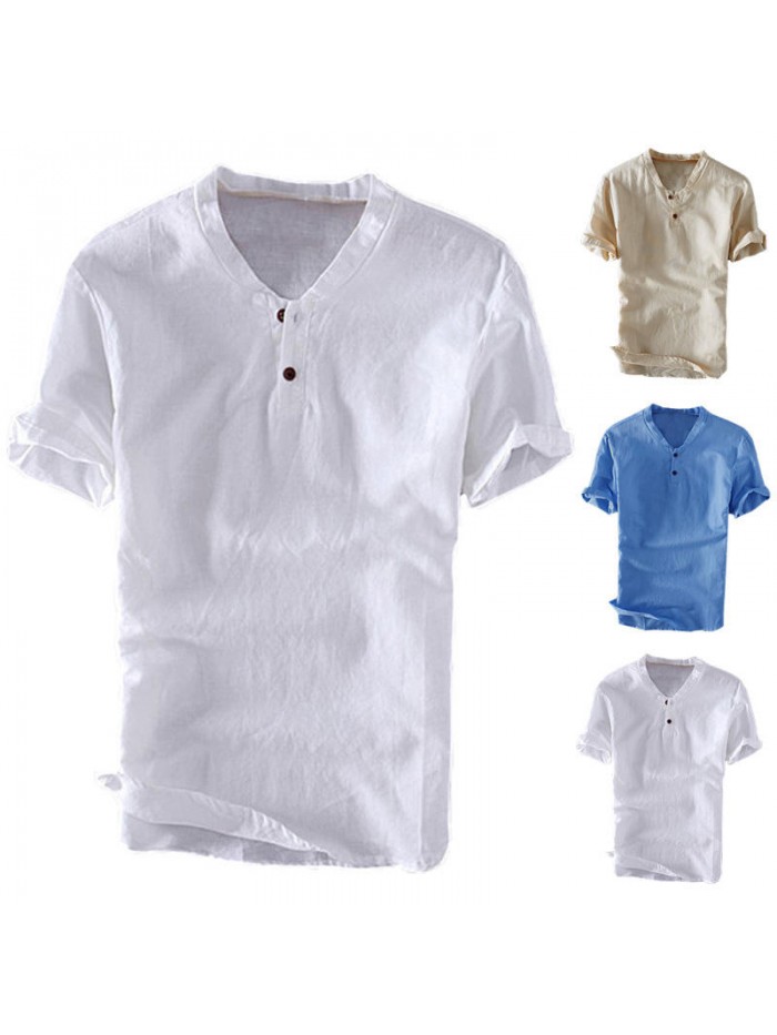 Cotton v-neck with retro buttons and short sleeves