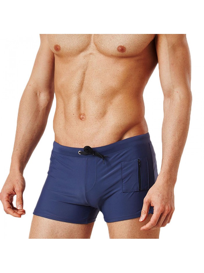 Zipper Pocket Drawstring Pure Color Quick Dry Boxers Swim Trunks Swimwear for Men