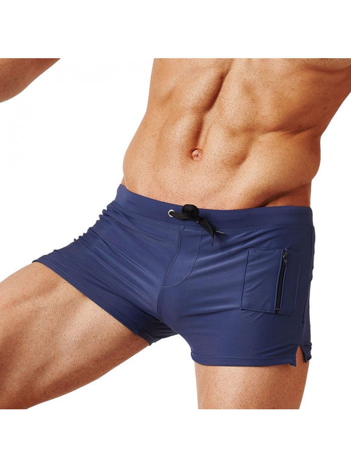 Zipper Pocket Drawstring Pure Color Quick Dry Boxers Swim Trunks Swimwear for Men