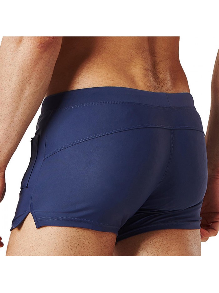 Zipper Pocket Drawstring Pure Color Quick Dry Boxers Swim Trunks Swimwear for Men