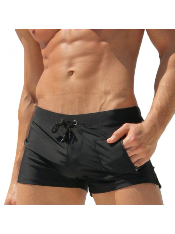 Zipper Pocket Drawstring Pure Color Quick Dry Boxers Swim Trunks Swimwear for Men