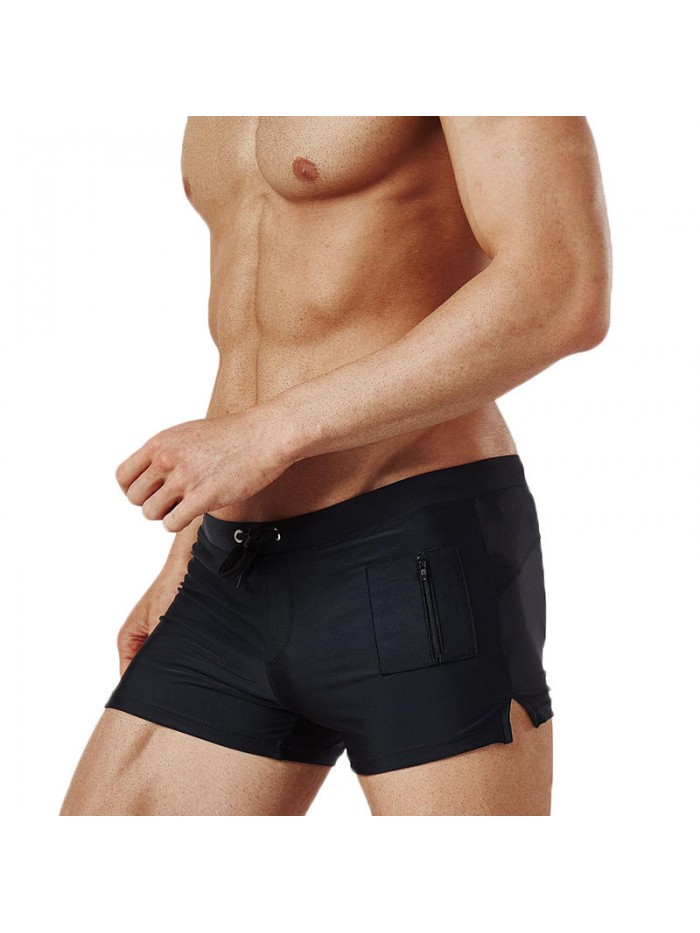 Zipper Pocket Drawstring Pure Color Quick Dry Boxers Swim Trunks Swimwear for Men