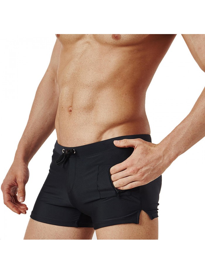 Zipper Pocket Drawstring Pure Color Quick Dry Boxers Swim Trunks Swimwear for Men