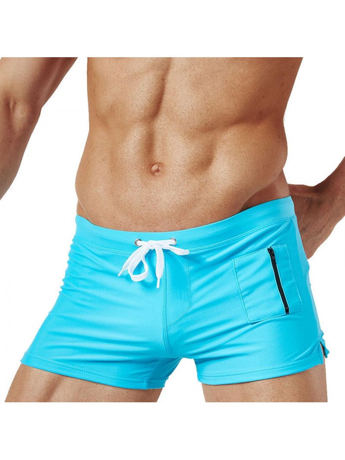 Zipper Pocket Drawstring Pure Color Quick Dry Boxers Swim Trunks Swimwear for Men