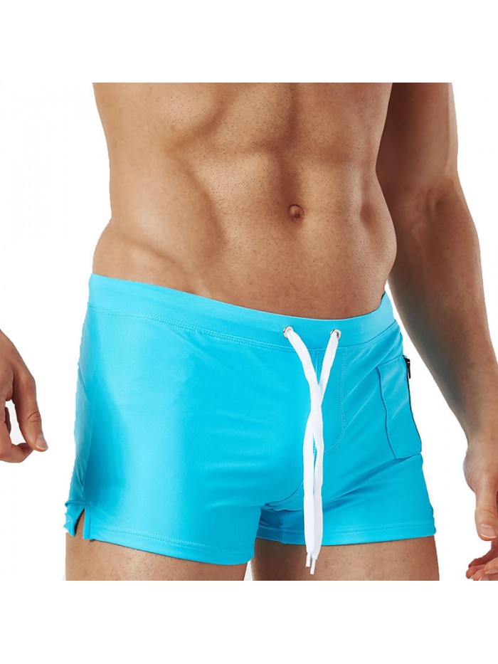 Zipper Pocket Drawstring Pure Color Quick Dry Boxers Swim Trunks Swimwear for Men