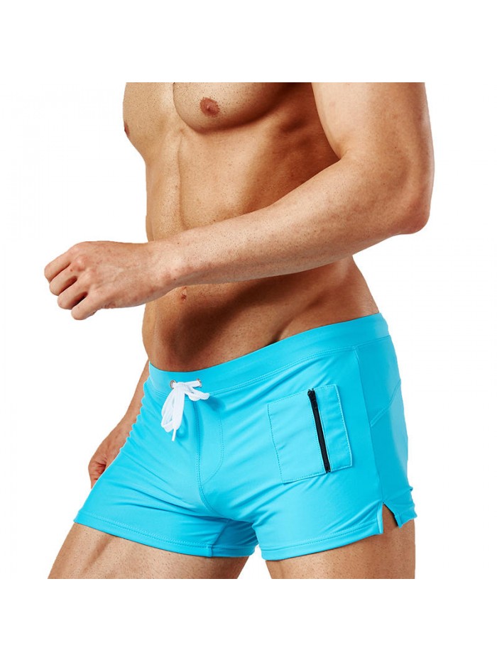 Zipper Pocket Drawstring Pure Color Quick Dry Boxers Swim Trunks Swimwear for Men