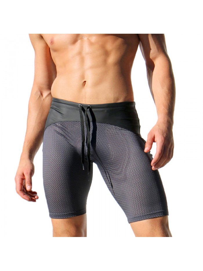 Mens Sexy Mesh Contrast Color Splice Gym Sports Quick Drying Knee Length Board Shorts