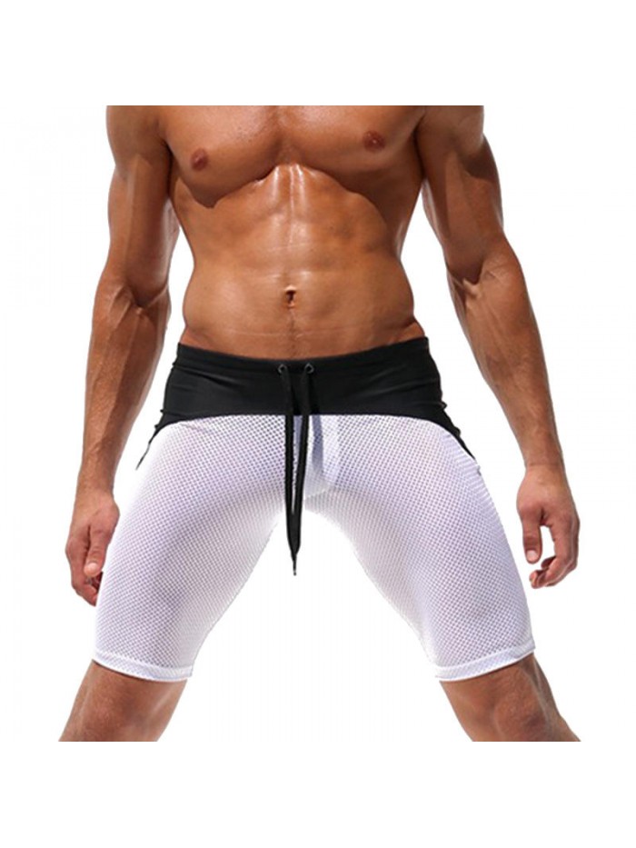 Mens Sexy Mesh Contrast Color Splice Gym Sports Quick Drying Knee Length Board Shorts