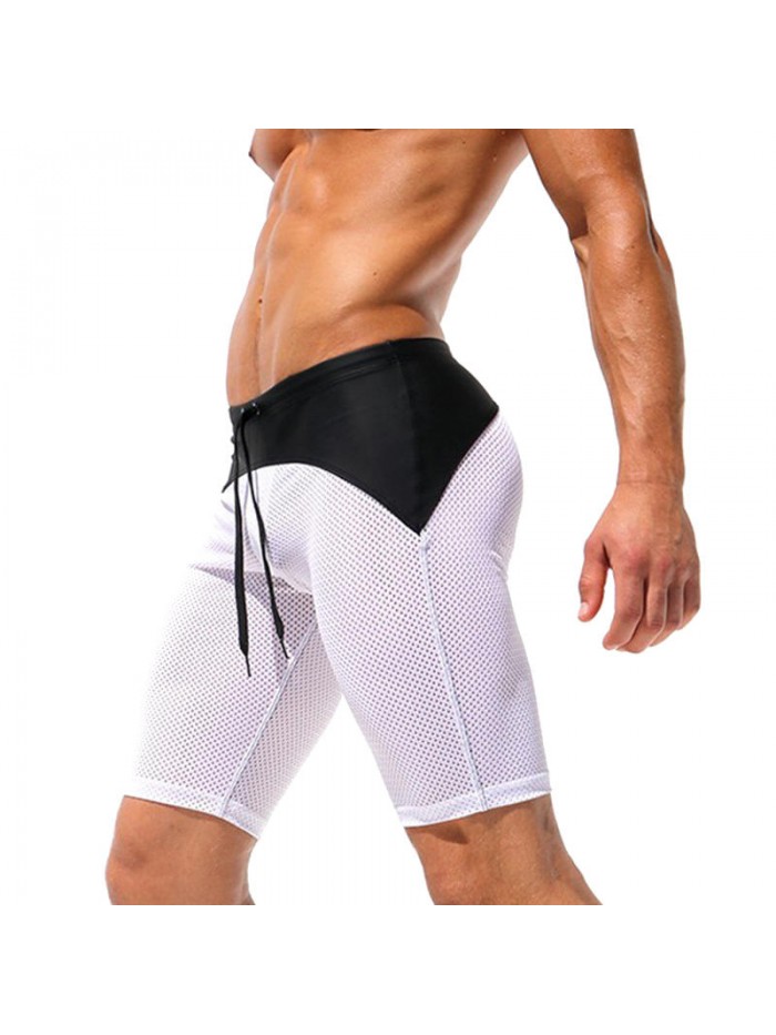 Mens Sexy Mesh Contrast Color Splice Gym Sports Quick Drying Knee Length Board Shorts