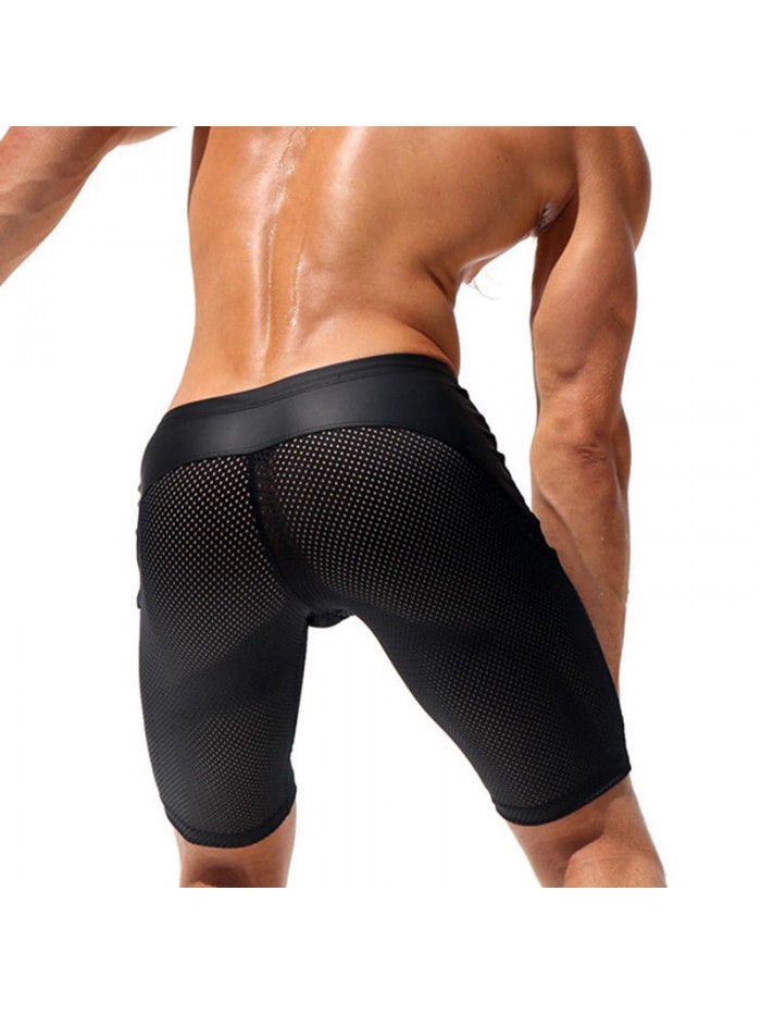 Mens Sexy Mesh Contrast Color Splice Gym Sports Quick Drying Knee Length Board Shorts