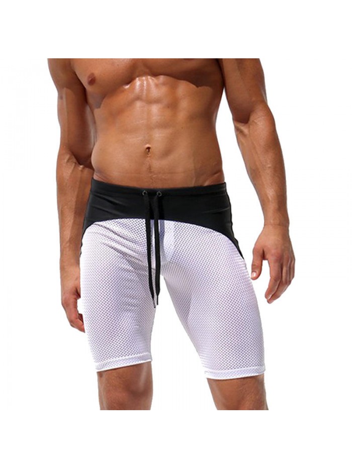 Mens Sexy Mesh Contrast Color Splice Gym Sports Quick Drying Knee Length Board Shorts