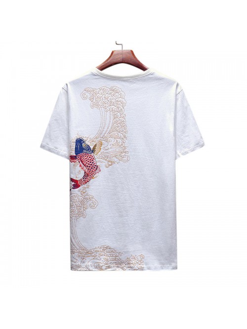 Summer carp embroidered printed short-sleeved T-sh...