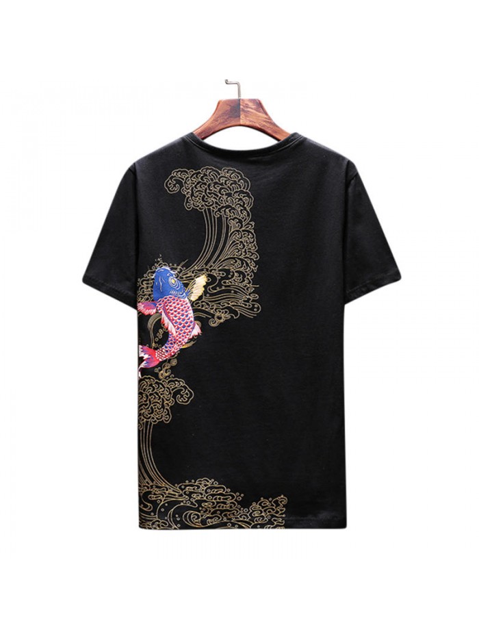 Summer carp embroidered printed short-sleeved T-shirt