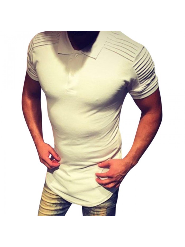 Mens Leisure Short Sleeve Tops Summer Turn-down Collar Stripe Cotton Solid Color Loose T-shirts