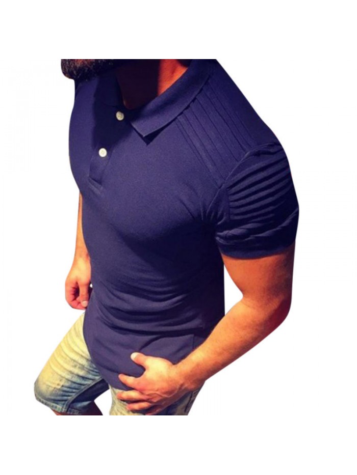 Mens Leisure Short Sleeve Tops Summer Turn-down Collar Stripe Cotton Solid Color Loose T-shirts