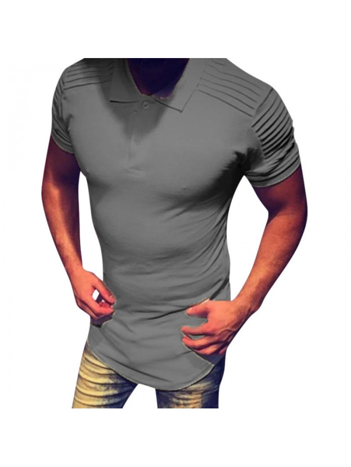 Mens Leisure Short Sleeve Tops Summer Turn-down Collar Stripe Cotton Solid Color Loose T-shirts