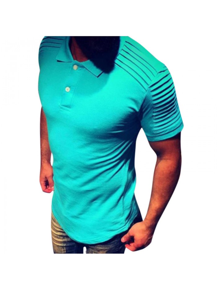 Mens Leisure Short Sleeve Tops Summer Turn-down Collar Stripe Cotton Solid Color Loose T-shirts