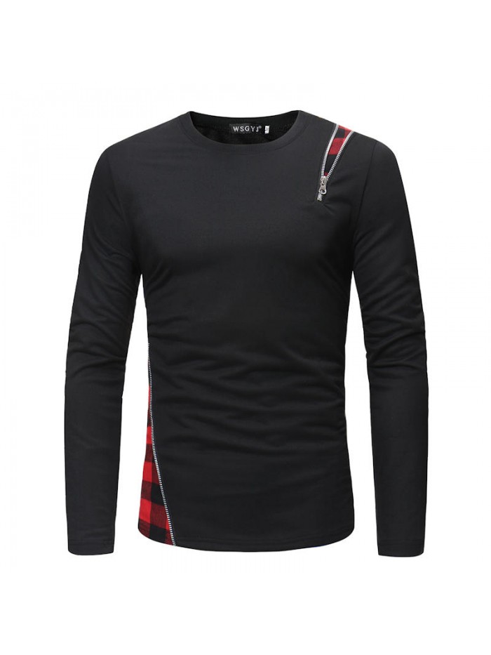 Men's Fashion Round Neck Stitching Long-sleeved Casual T-Shirts Bottoming Shirt