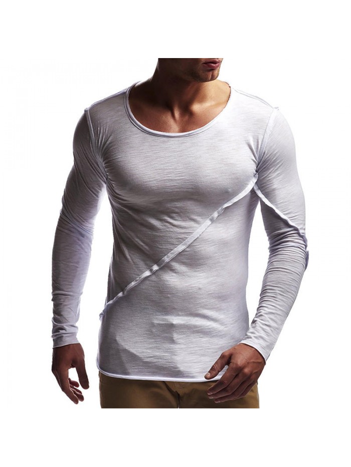 Autumn Leisure Cotton Pure Color O-neck Tops Patchwork Slim Long Sleeve T-shirts for Men