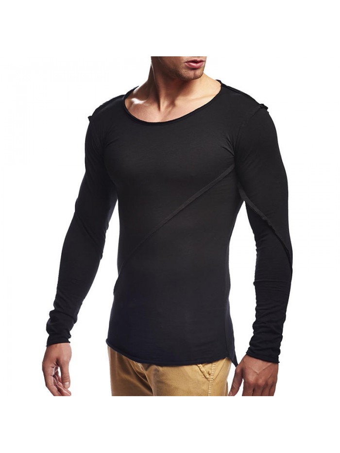 Autumn Leisure Cotton Pure Color O-neck Tops Patchwork Slim Long Sleeve T-shirts for Men