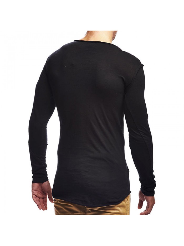 Autumn Leisure Cotton Pure Color O-neck Tops Patchwork Slim Long Sleeve T-shirts for Men