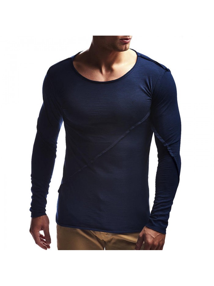 Autumn Leisure Cotton Pure Color O-neck Tops Patchwork Slim Long Sleeve T-shirts for Men