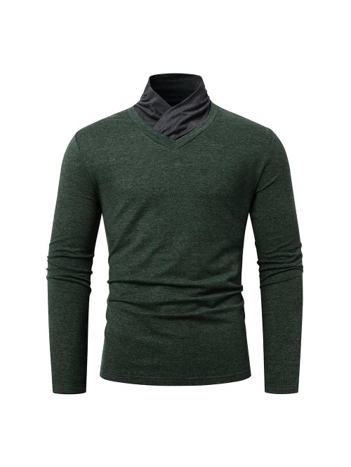 Mens Casual High Collar Long Sleeve Solid Color T-...