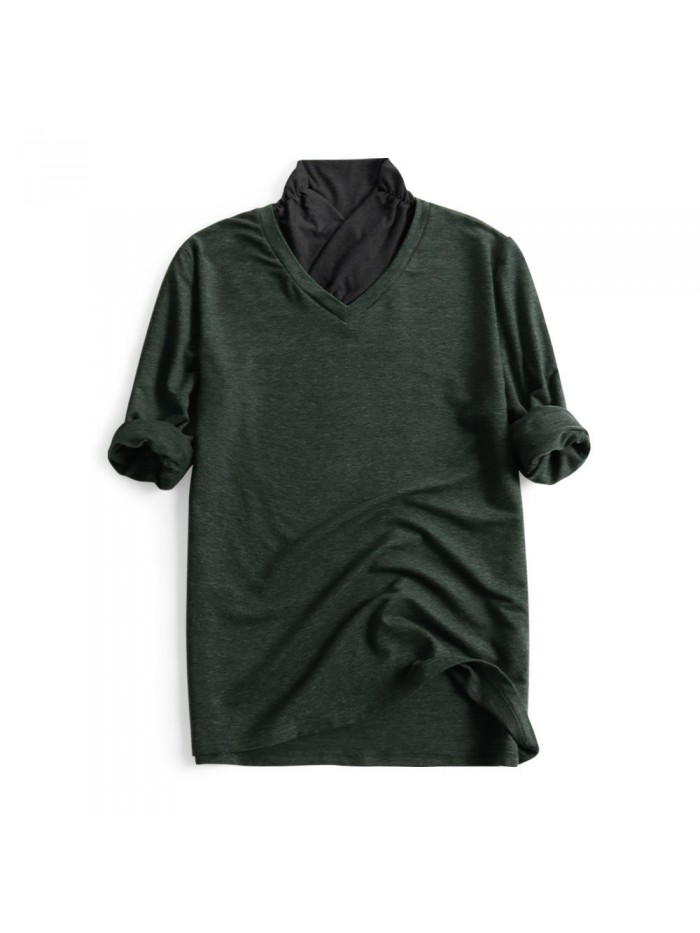 Mens Casual High Collar Long Sleeve Solid Color T-Shirts