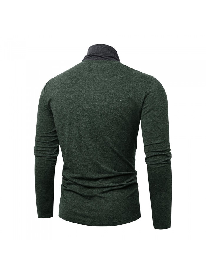 Mens Casual High Collar Long Sleeve Solid Color T-Shirts