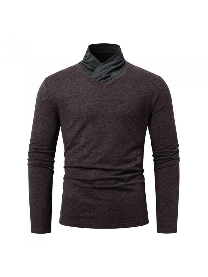 Mens Casual High Collar Long Sleeve Solid Color T-Shirts