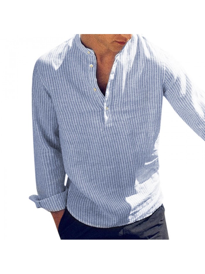 Men's Fashion Striped Cotton V-neck T-Shirts Long Sleeved Casual Tops