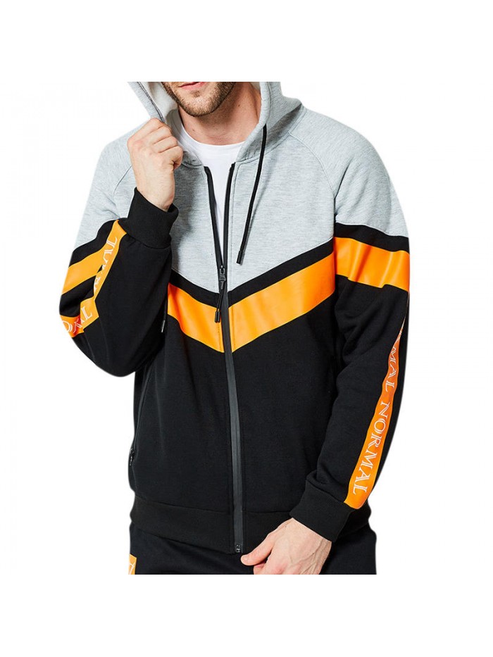 Men's Autumn Polyester Loose Hoodies Zipper Fashion Patchwork Casual Sweatshirt