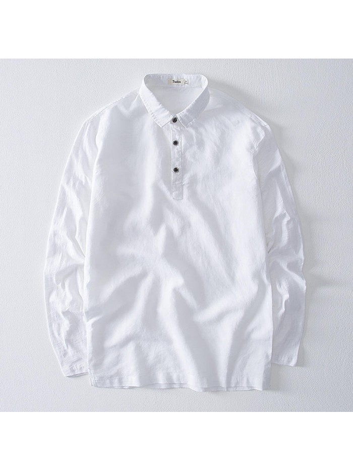 Men's Simple Design Button Neck Solid Color Long-sleeved Breathable Linen Cotton Casual T-Shirts