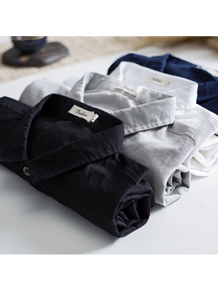 Men's Simple Design Button Neck Solid Color Long-sleeved Breathable Linen Cotton Casual T-Shirts