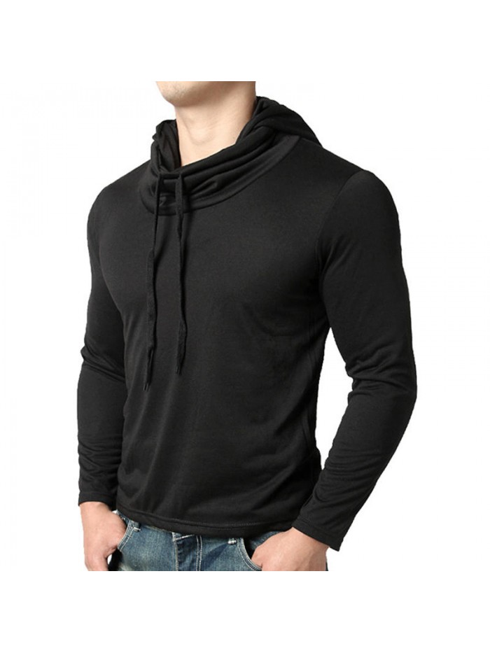 Mens Hip-hop Style Pile Heap Collar Hooded Design Black Slim Fit T-shirts