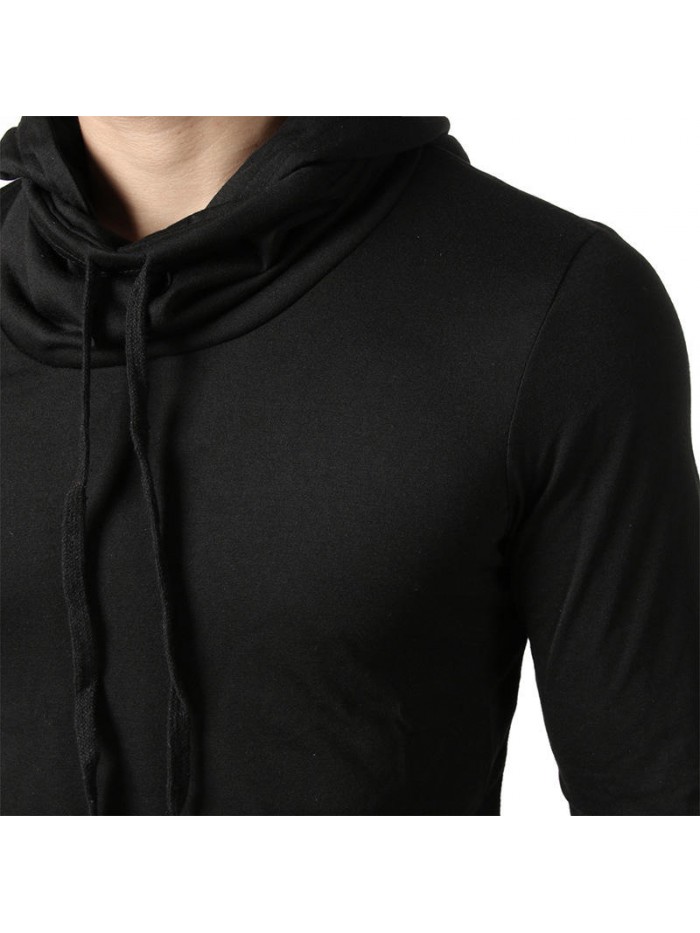 Mens Hip-hop Style Pile Heap Collar Hooded Design Black Slim Fit T-shirts