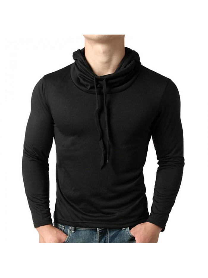 Mens Hip-hop Style Pile Heap Collar Hooded Design Black Slim Fit T-shirts